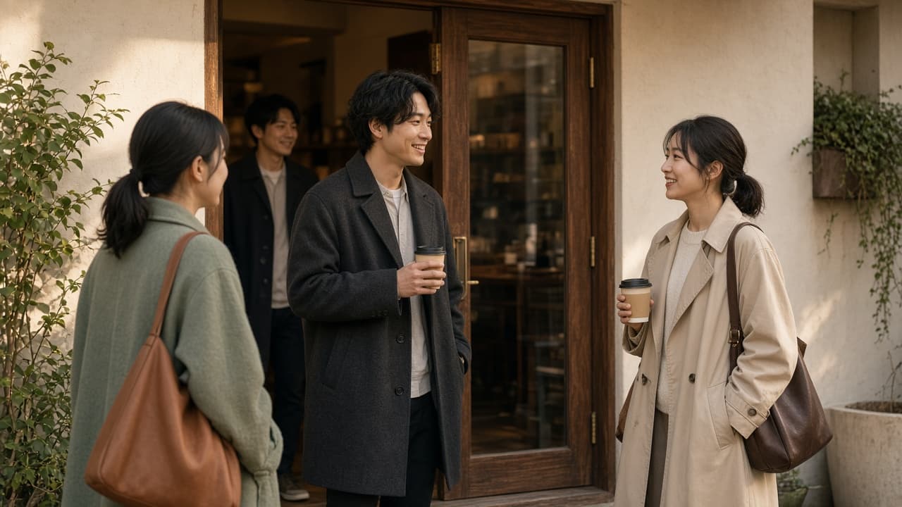 カフェの入口でコーヒーを持ち、人が集まっている様子