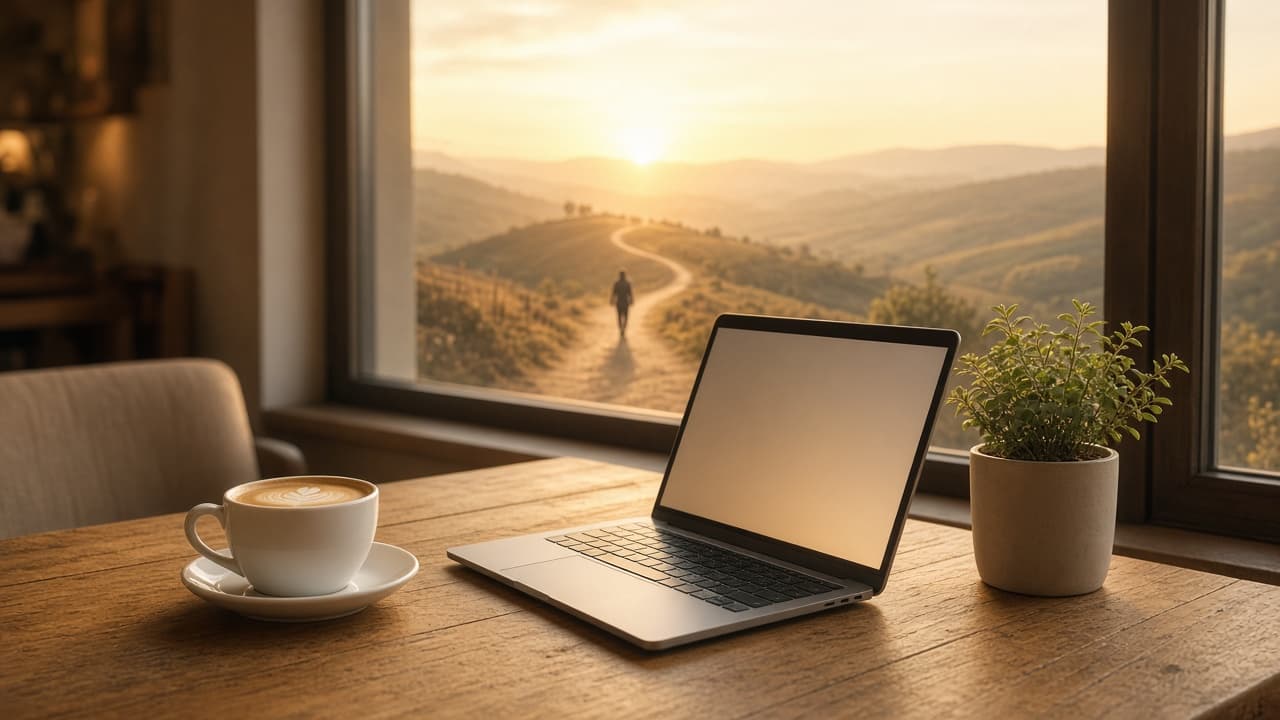 カフェのテーブルから、朝日へ続く道とノートPCが見える写真