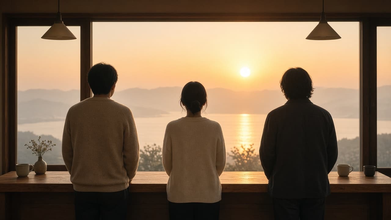 カフェのカウンターで、3人が朝日を見ている写真